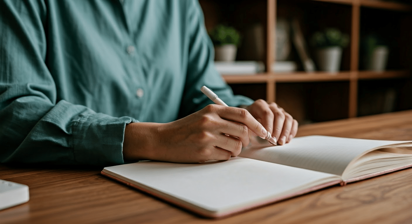 A man reflecting in his meditation journal in a cozy living room with morning light.
