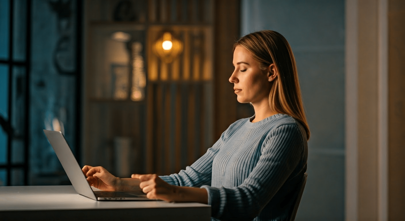 A man sits in a garden using a guidebook to learn visual meditation under morning sunlight.