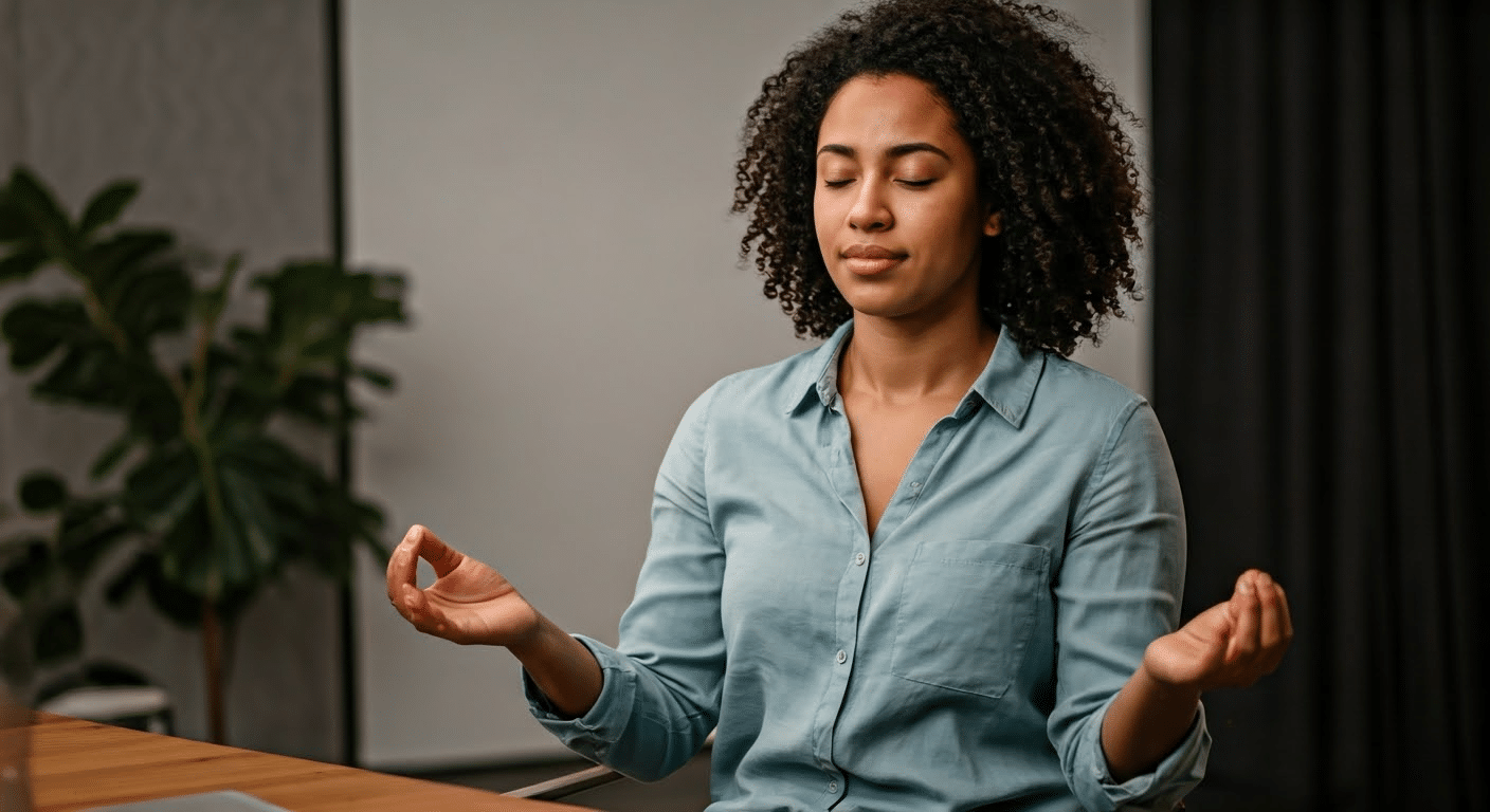 A man using a meditation app in a cozy bedroom setting with calm ambient lighting.