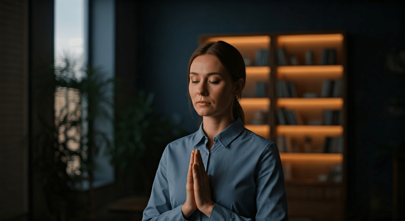 Close-up of a meditation journal with detailed quantum jumping notes under warm desk lamp light