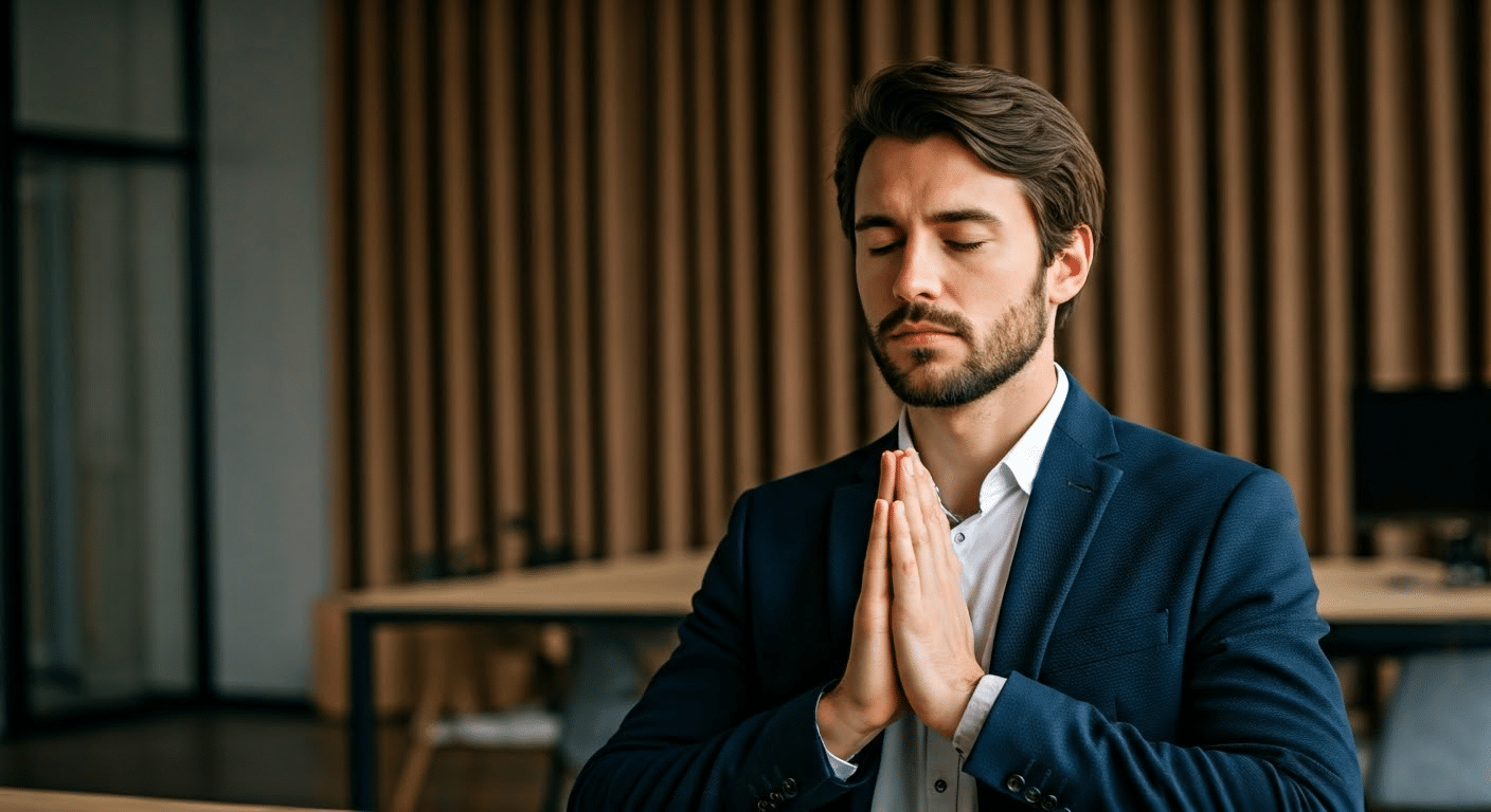Close-up of hands in a meditation mudra with a serene background.