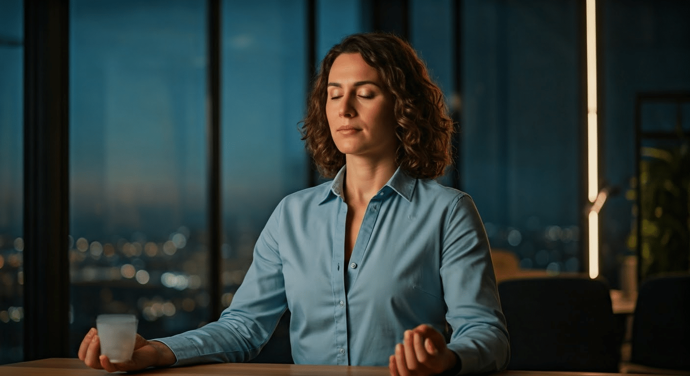 Diverse team meditating together in a conference room