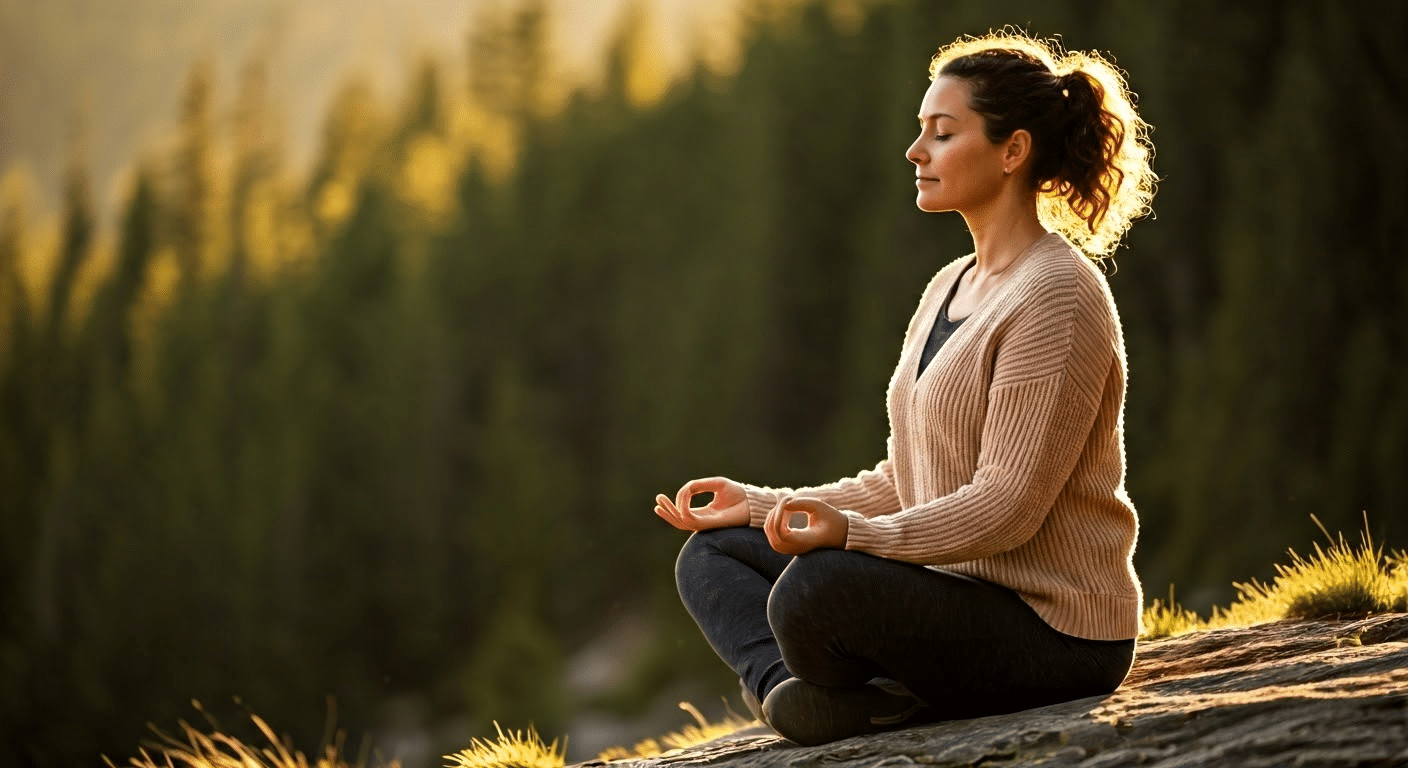 Does Meditation Work - Woman meditating outdoors with a peaceful expression during golden hour