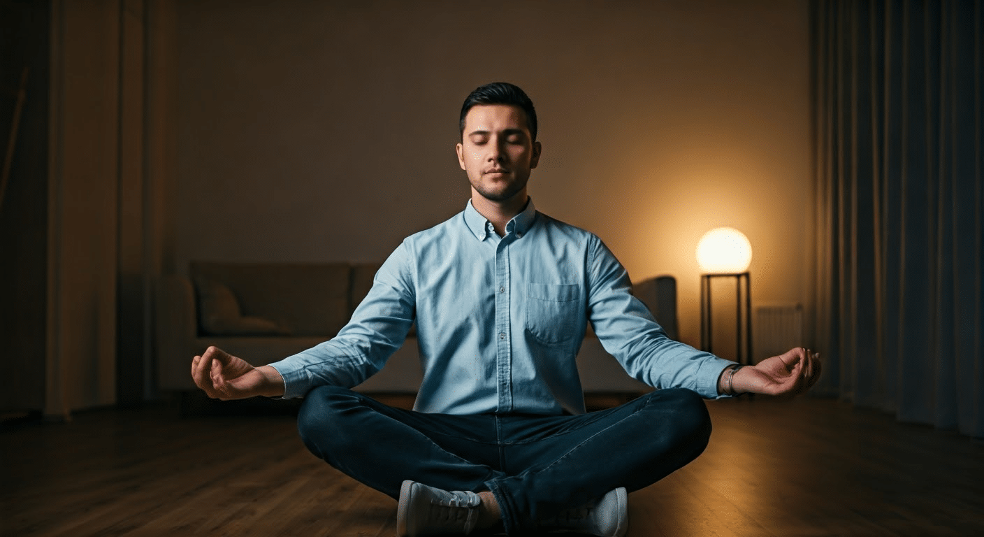 how to do meditation - man using guided meditation app in a cozy living room