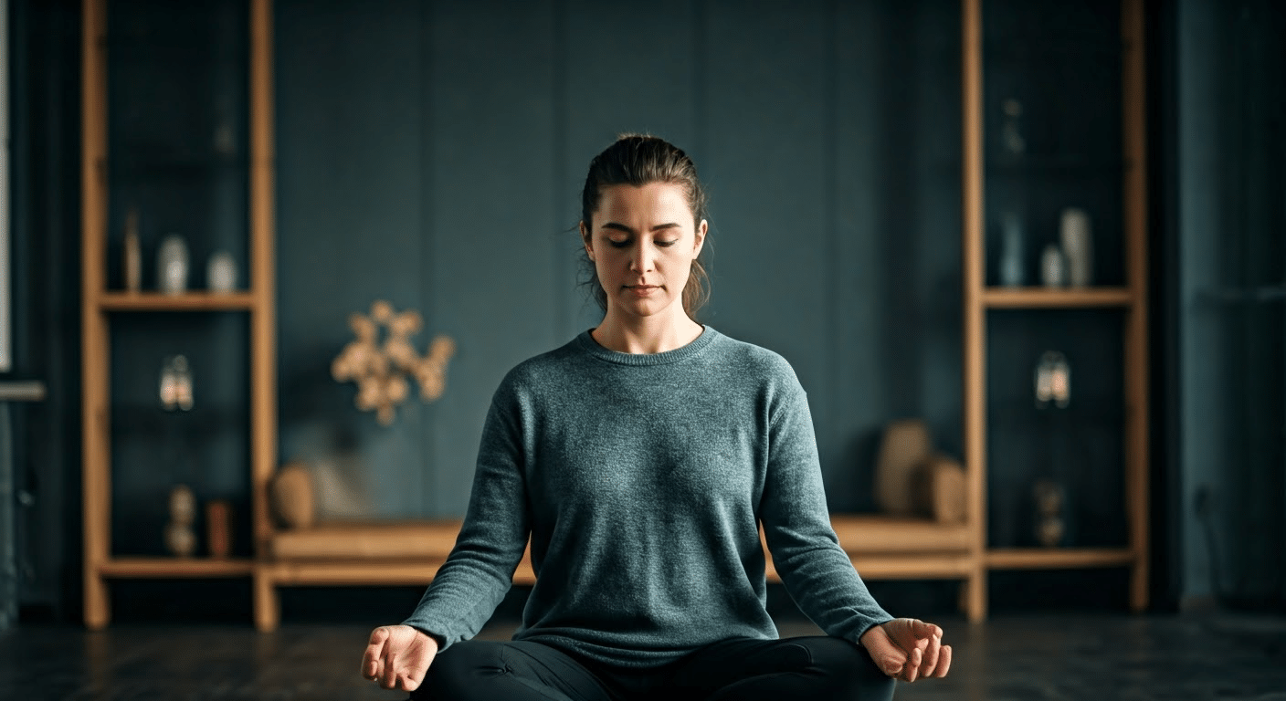 Instructor leading a group in jhana meditation with warm ambient lighting