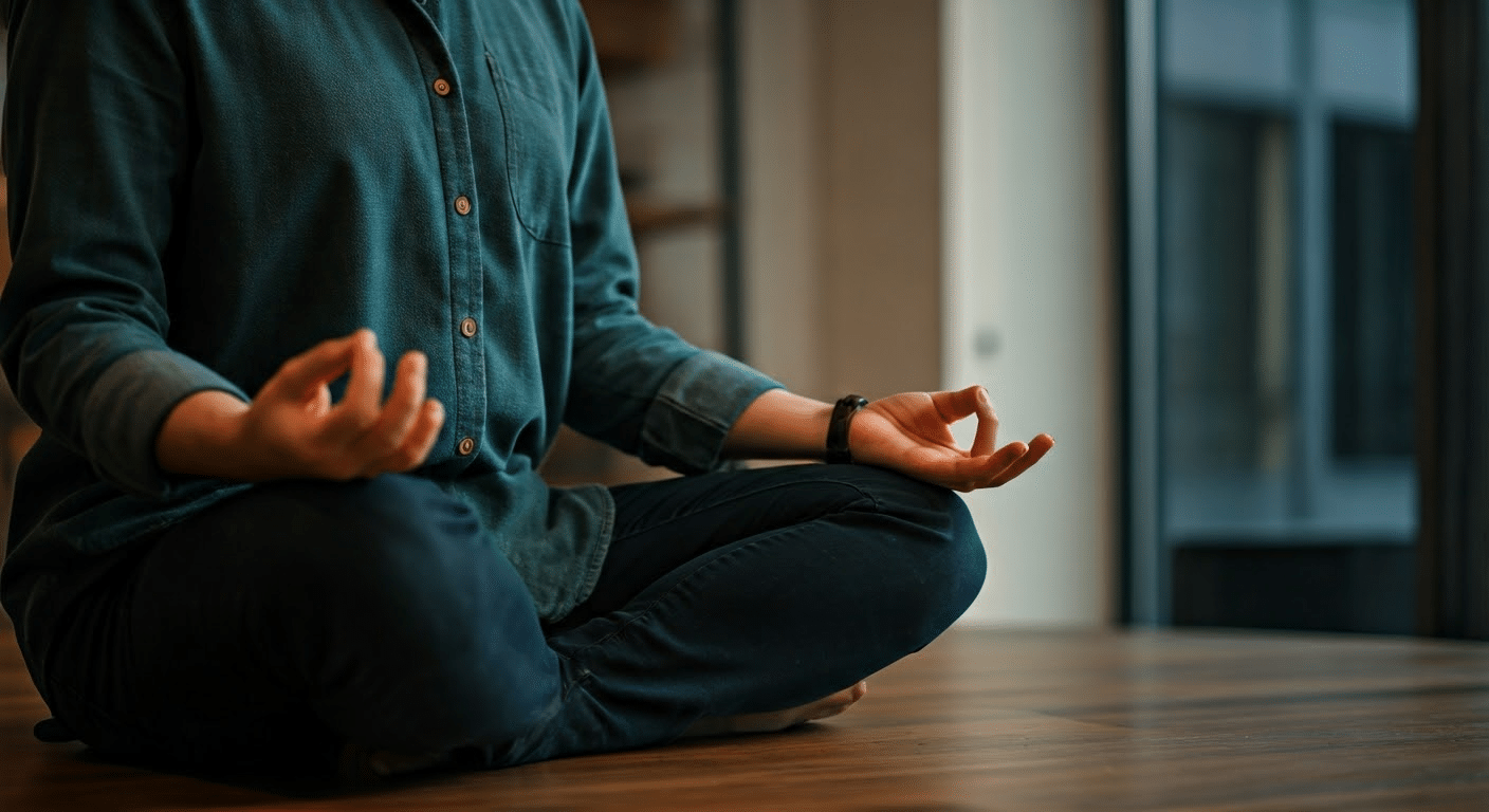 Man meditating in half lotus position on a yoga mat in a sunlit room