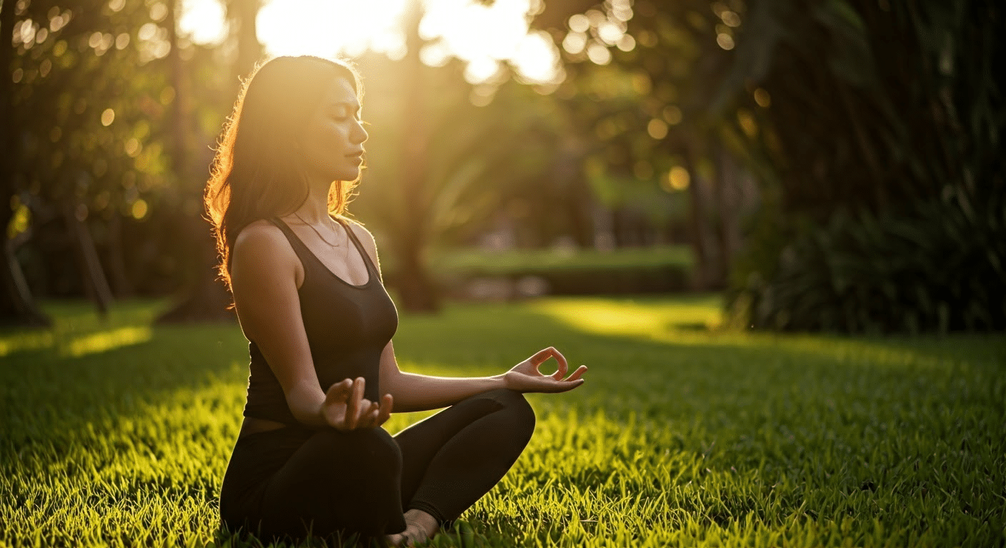 Meditation Benefits - A woman practicing mindfulness meditation in a garden during golden hour