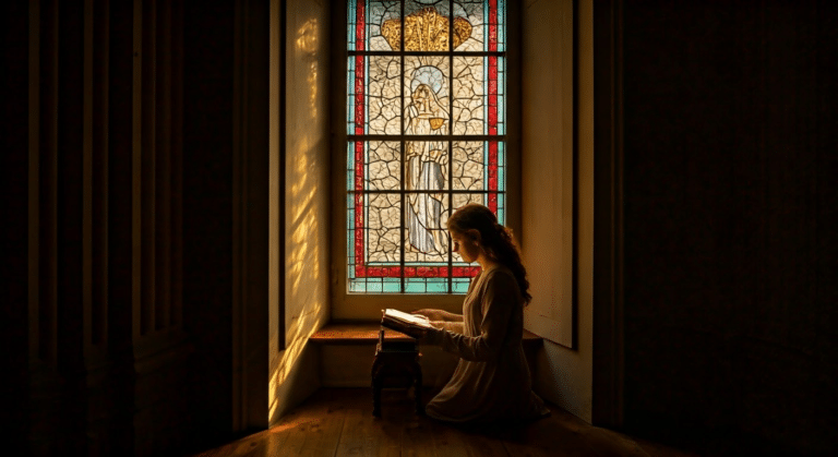 Meditation In The Bible - Woman reading psalm in serene room with sunlight through stained glass