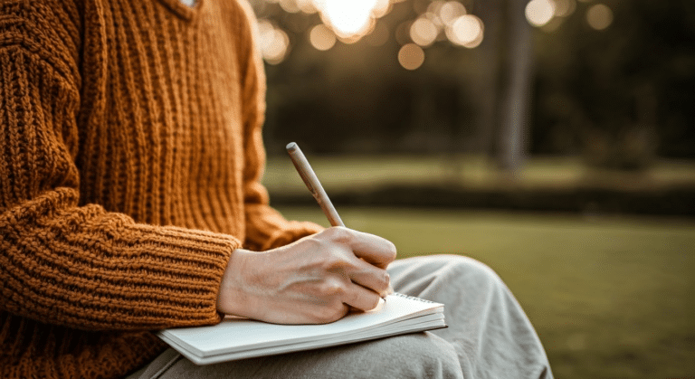 Meditation Journaling - A woman writing in her meditation journal in a serene garden during golden hour.
