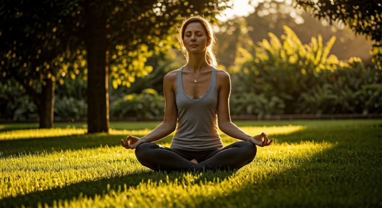Meditation Sitting Position - Woman meditating in lotus position during golden hour in a tranquil garden