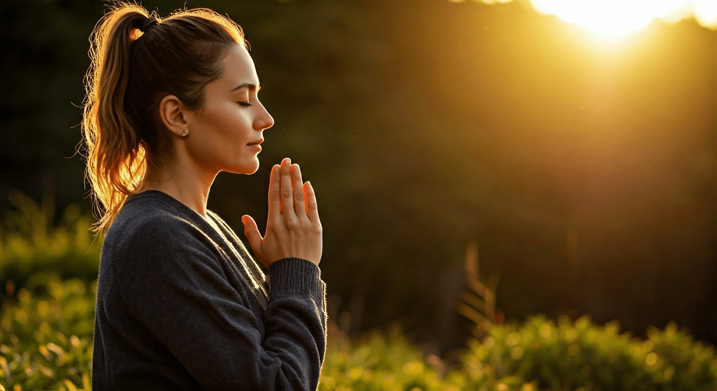 Meditation Tips - A woman practicing mindful breathing techniques in a serene outdoor environment during golden hour.