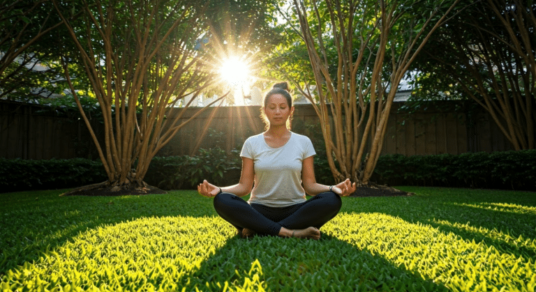 Mindfulness Meditation - A woman meditating in a lush garden under soft morning light.