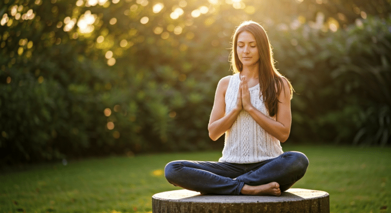 Mindfulness Vs Meditation - Woman practicing mindfulness in a garden, embodying tranquility and presence