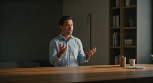 Professional explaining PimEyes in a modern office