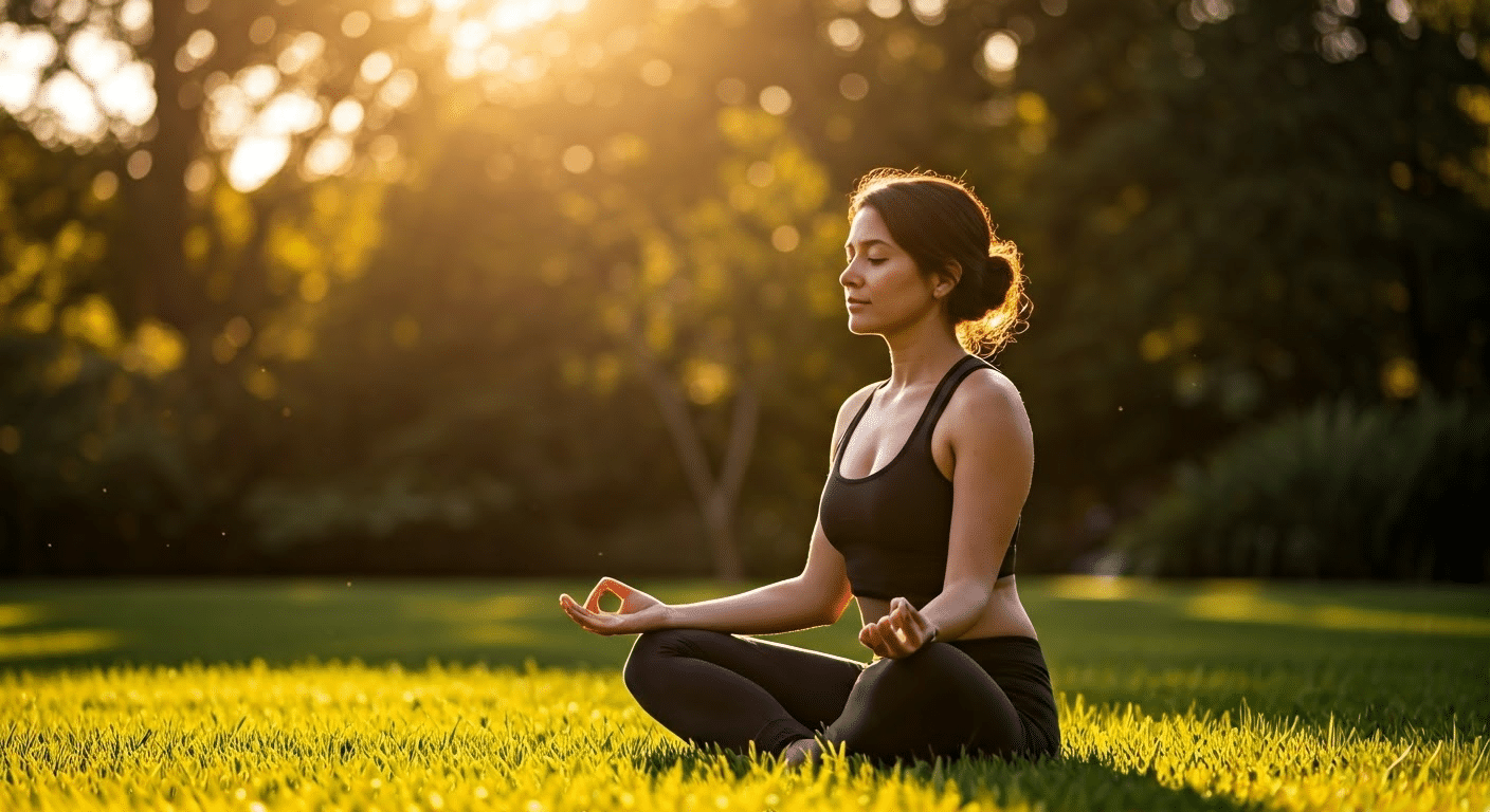Types Of Meditation - A woman practicing mindfulness meditation in a garden during golden hour