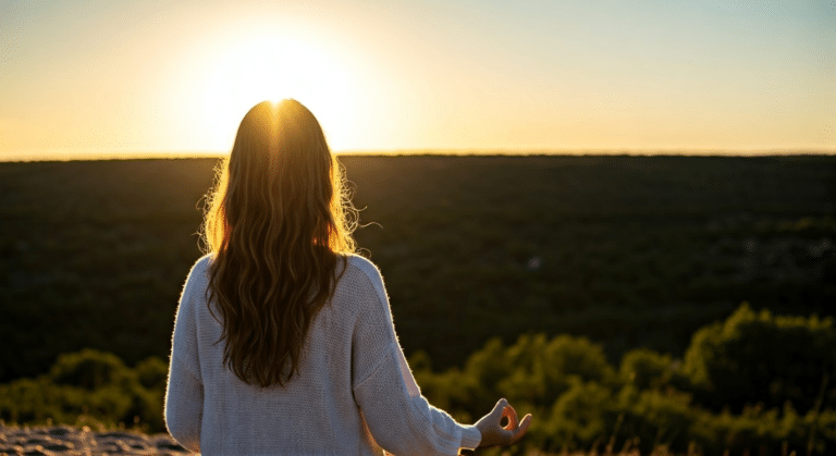 A woman engages in visual meditation, focusing on a serene landscape at golden hour.